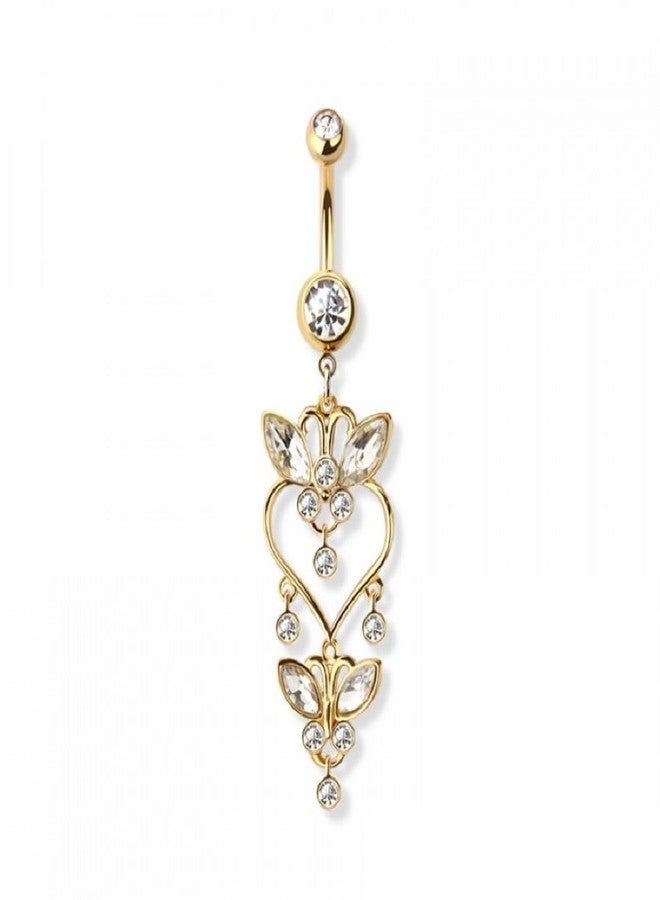 Pierced Owl 14GA 316L Stainless Steel CZ Crystal Heart Butterfly Dangling Belly Button Ring (Gold Tone) - Image 1