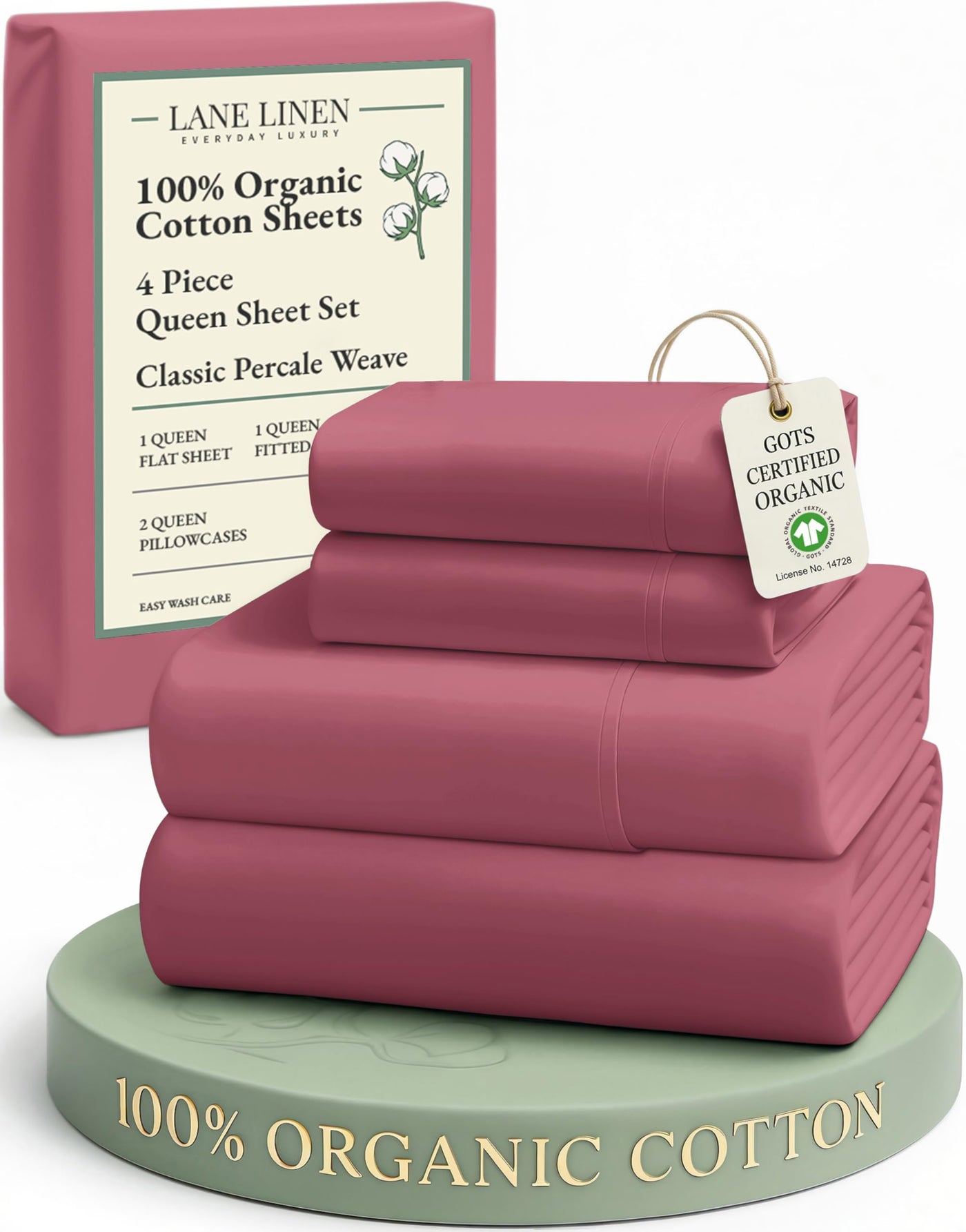 LANE LINEN 100% Organic Cotton Queen Sized Sheets, Fuly Elasticized Mercerized Low Pill Fade Resistant Percale Weave Bedsheets for Queen Size Bed, Soft and Comfy Sheet & Pillowcase Sets - Mineral Red