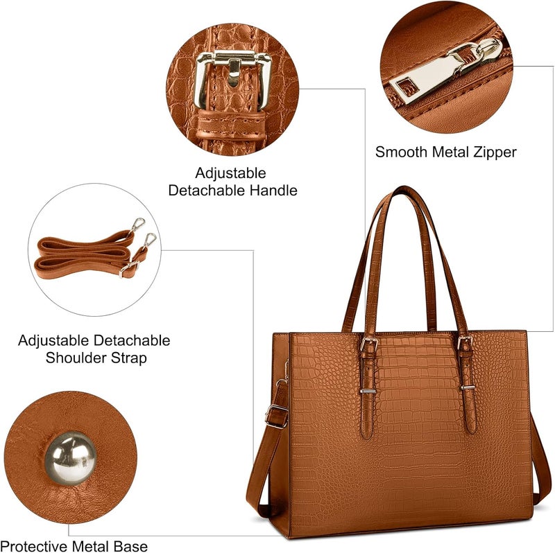 Lubardy Laptop Bag for Women 15.6 Inch Laptop Tote Bag Leather Classy Computer Briefcase for Work Waterproof Handbag Professional Shoulder Bag Women Business Office Bag Large Capacity(Brown) - Image 3