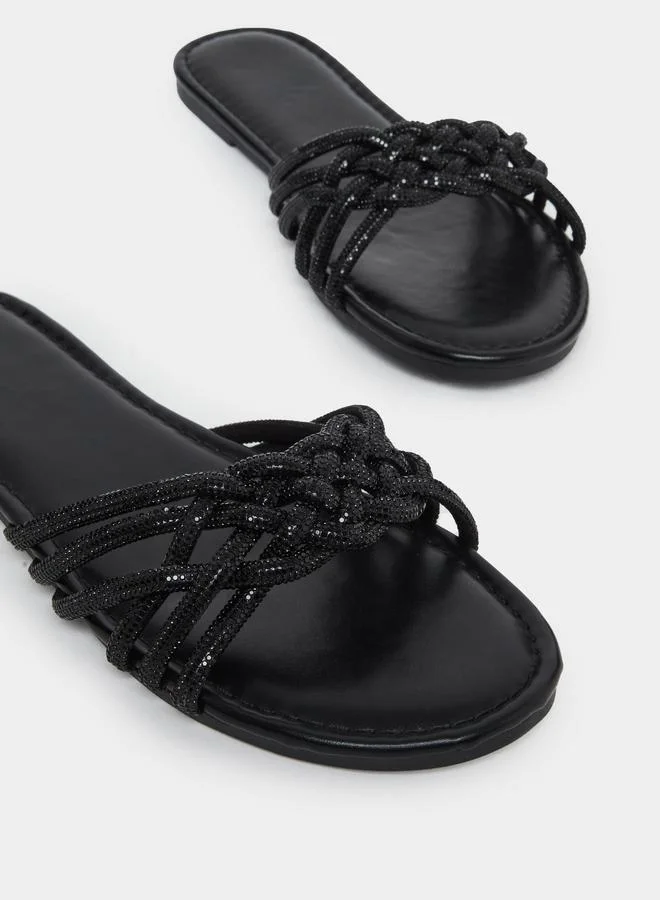 Take Two Take Two Embellished Strap Cross Waving Flat Sandals
