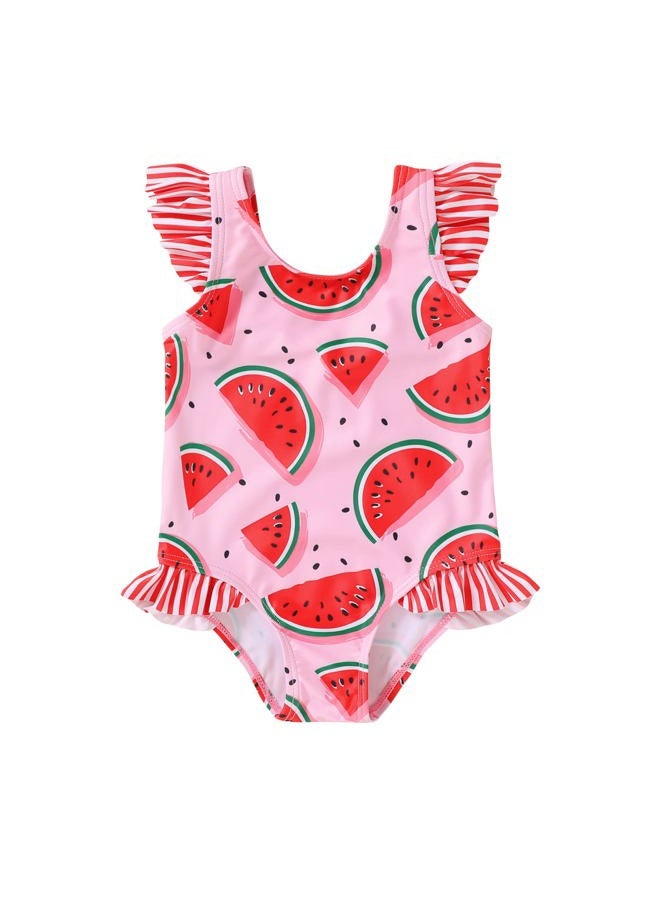 Tiny Cutey Toddler Baby Girls Swimsuit Ruffled Sleeveless Swimwear One-Piece Beachwear Bathing Suit 6M-4Y, Pink-watermelon, 2-3T - Image 1