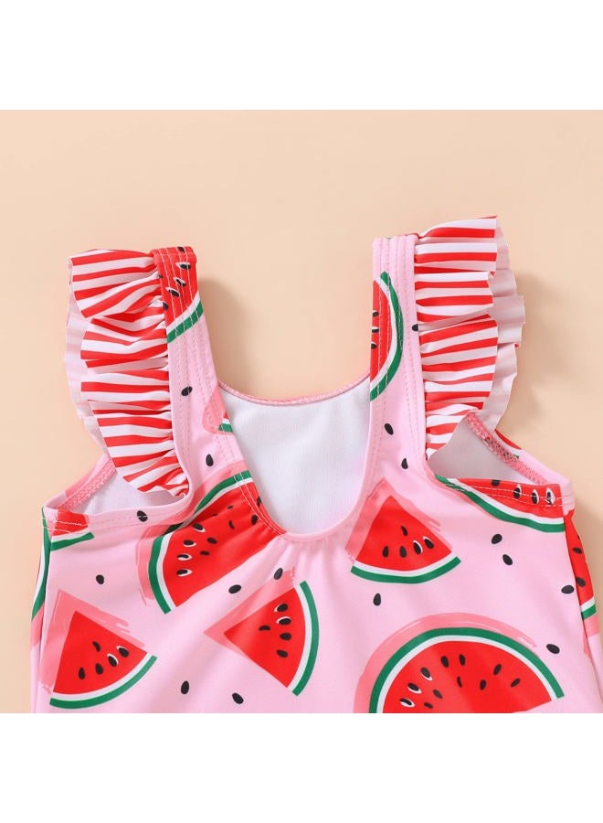 Tiny Cutey Toddler Baby Girls Swimsuit Ruffled Sleeveless Swimwear One-Piece Beachwear Bathing Suit 6M-4Y, Pink-watermelon, 2-3T - Image 5