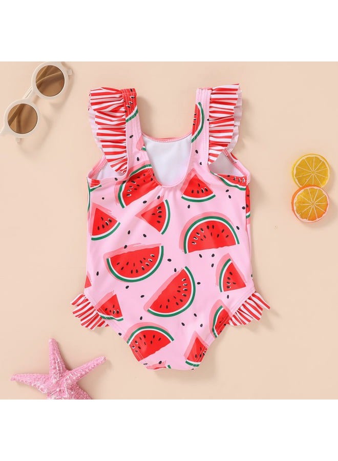Tiny Cutey Toddler Baby Girls Swimsuit Ruffled Sleeveless Swimwear One-Piece Beachwear Bathing Suit 6M-4Y, Pink-watermelon, 2-3T - Image 3