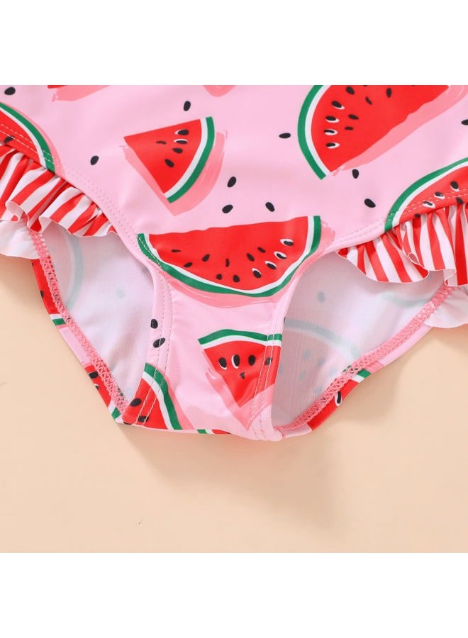 Tiny Cutey Toddler Baby Girls Swimsuit Ruffled Sleeveless Swimwear One-Piece Beachwear Bathing Suit 6M-4Y, Pink-watermelon, 2-3T - Image 2