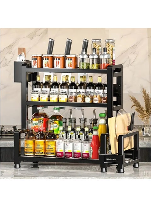 Spice Rack, Large Capacity Multi-layer Spice Jars Storage Holder With Cutting Board Holder And Utensil Holder, Multifunctional Durable 3 Layers Condiment Storage Organizer