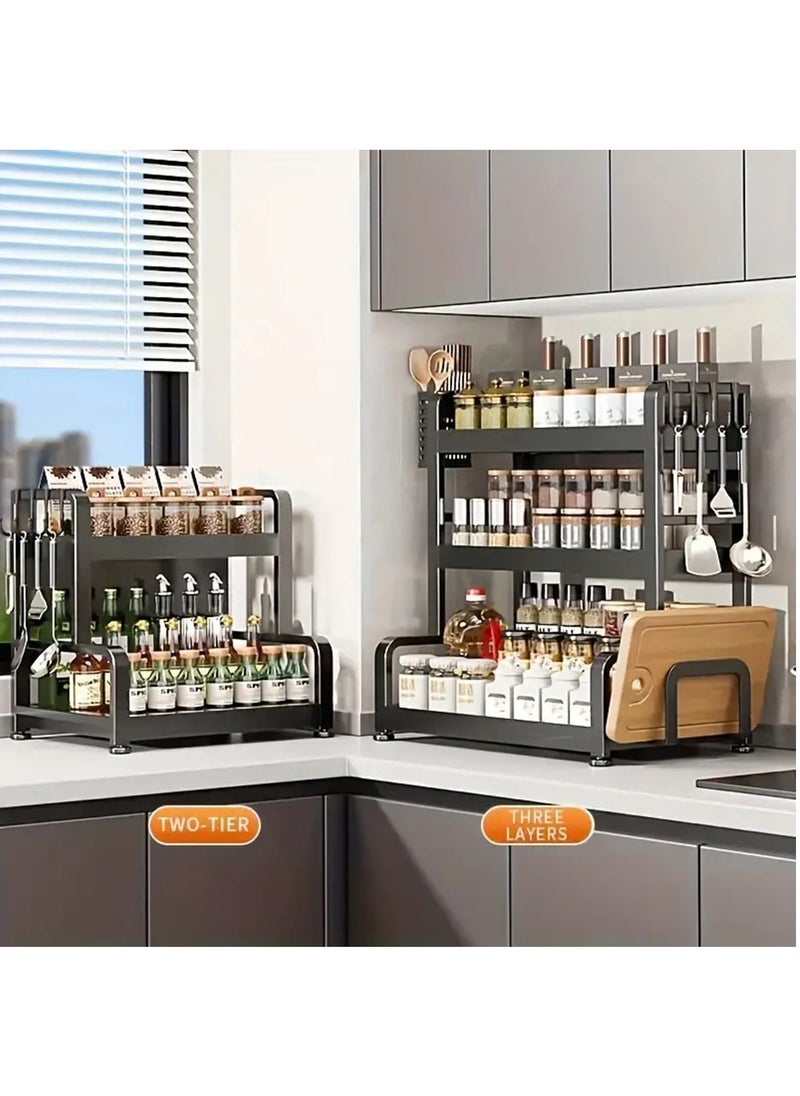 Spice Rack, Large Capacity Multi-layer Spice Jars Storage Holder With Cutting Board Holder And Utensil Holder, Multifunctional Durable 3 Layers Condiment Storage Organizer