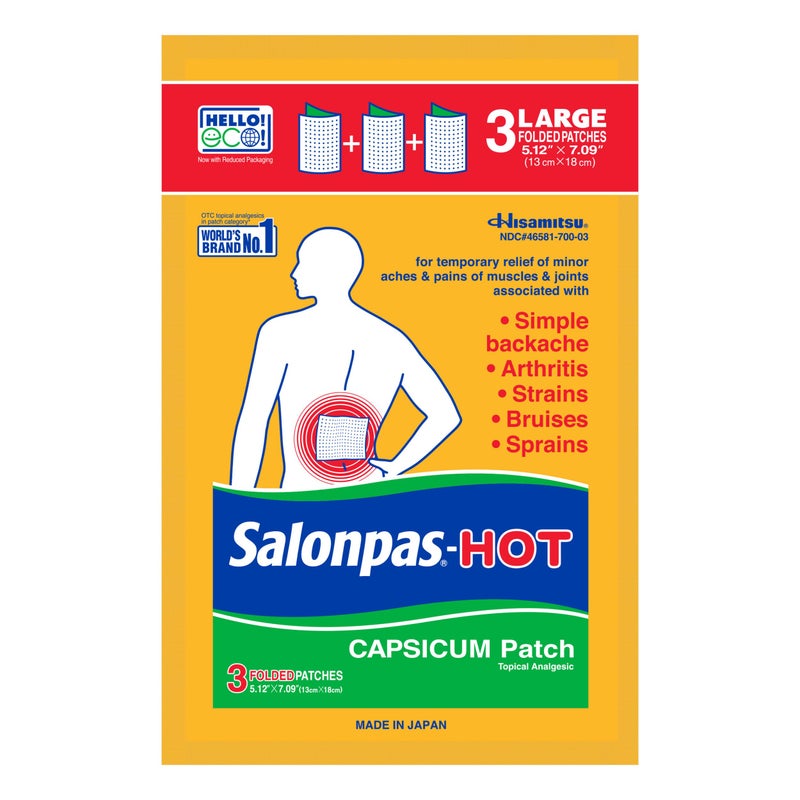 Salonpas لصقة سالونباس لتخفيف الألم الساخن بالفلفل الحار، 3 قطع (12 عبوة)، لآلام الظهر والرقبة والكتف والركبة وآلام العضلات، تخفيف الألم لمدة 8 ساعات - Image 1