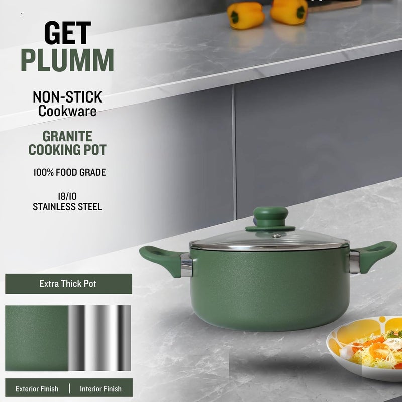 PLUMM Get Plumm Sauce Pot Cookware with Handle | Granite Stone Kadhai with Lid | Induction Base Biryani Pot Glass lid | Cool Touch Wooden Handle | Cooking Handi Pot (20 cm,Green) - Image 4