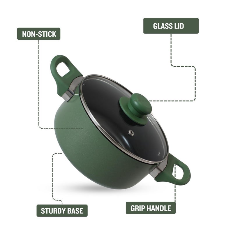 PLUMM Get Plumm Sauce Pot Cookware with Handle | Granite Stone Kadhai with Lid | Induction Base Biryani Pot Glass lid | Cool Touch Wooden Handle | Cooking Handi Pot (20 cm,Green) - Image 2