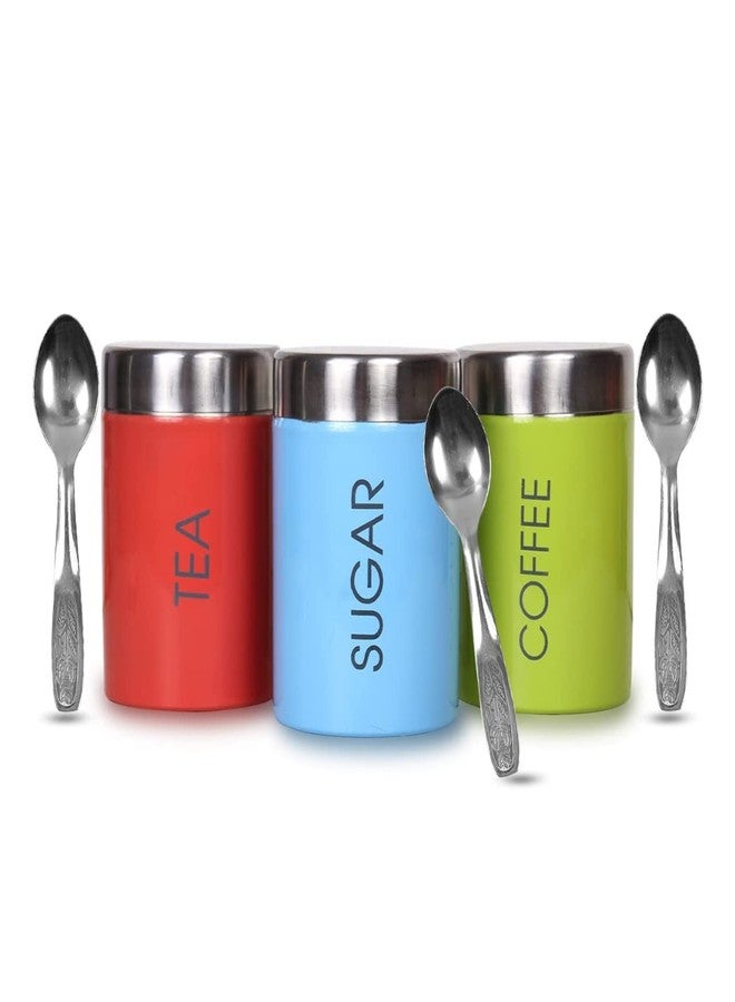 STEEPLE Stainless Steel Jar | Container | Canister set for Tea, Coffee & Sugar With 3 Spoons - 800 ml Steel Tea Coffee & Sugar Container (Pack of 3, Multicolor) - Image 1
