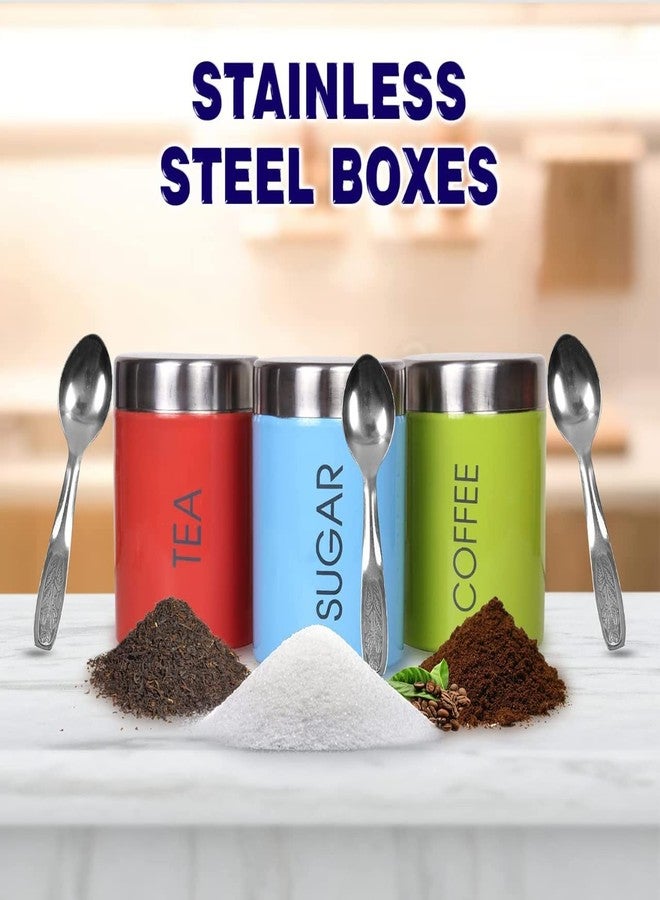 STEEPLE Stainless Steel Jar | Container | Canister set for Tea, Coffee & Sugar With 3 Spoons - 800 ml Steel Tea Coffee & Sugar Container (Pack of 3, Multicolor) - Image 3