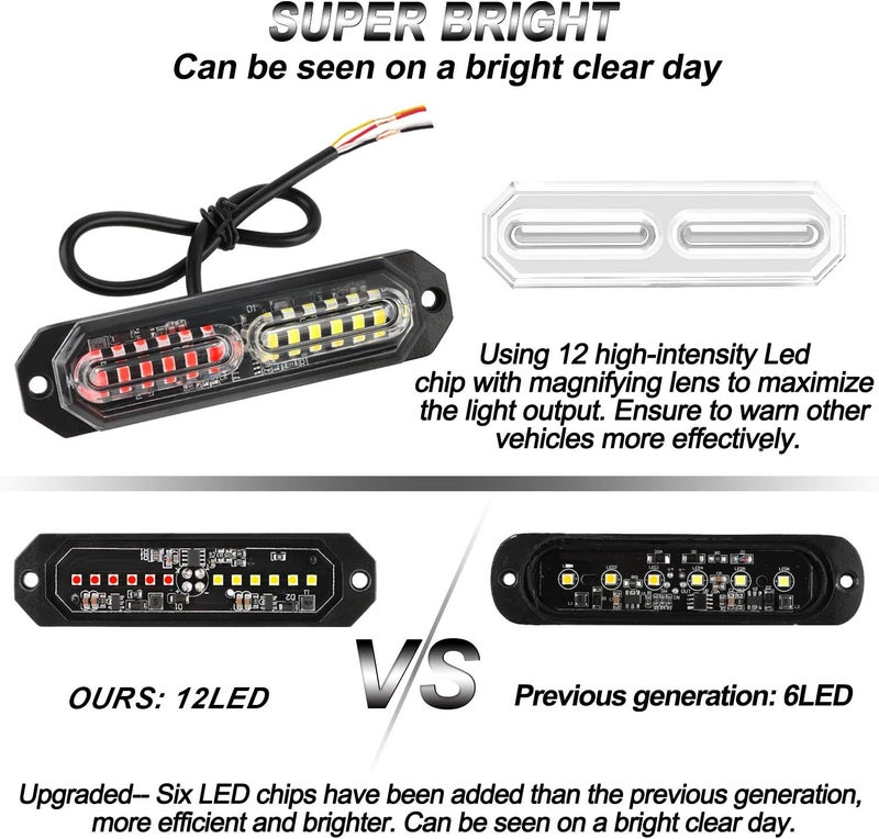 ASPL 8pcs Sync Feature Ultra Slim 12-LED Surface Mount Flashing Strobe Lights for Truck Car Vehicle LED Mini Grille Light Head Emergency Beacon Hazard Warning Lights (Red/White) - Image 2