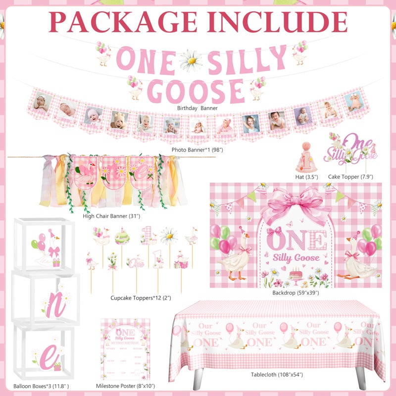 THAWAY 133 Pcs One Silly Goose Birthday Decor Girl, Pink First Birthday Decorations for Girl with Balloon Garland, Highchair Banner, Cake Topper - Baby Shower Party Supplies Decor Kit - Image 2