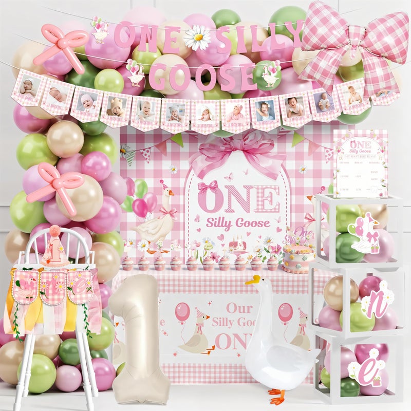 THAWAY 133 Pcs One Silly Goose Birthday Decor Girl, Pink First Birthday Decorations for Girl with Balloon Garland, Highchair Banner, Cake Topper - Baby Shower Party Supplies Decor Kit - Image 1