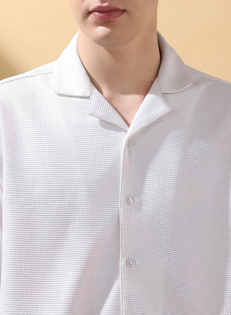 Dennis Lingo Men's White 100% Polyester Textured Button Down Relaxed Shirt