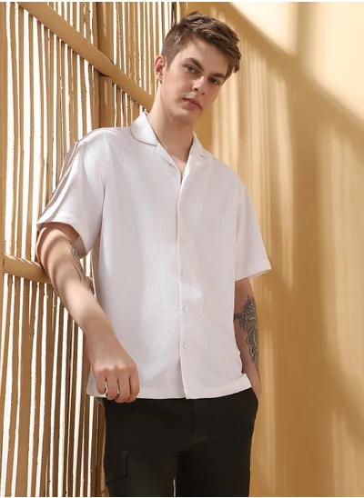 دينيس لينغو White Relaxed fit Shirts Textured design crafted from 100% Polyester featuring Half Sleeve with Button closure.