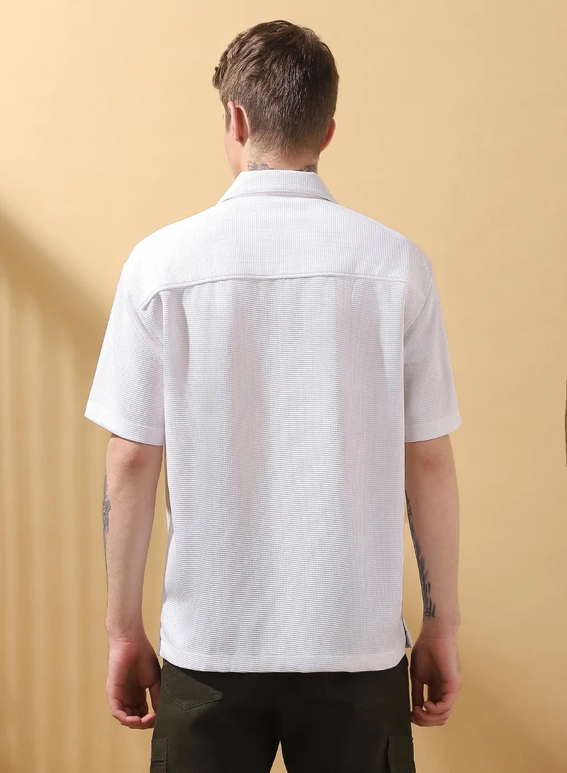 Dennis Lingo Men's White 100% Polyester Textured Button Down Relaxed Shirt