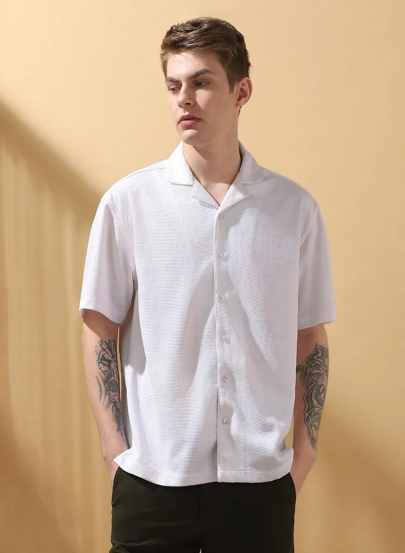 Dennis Lingo Men's White 100% Polyester Textured Button Down Relaxed Shirt