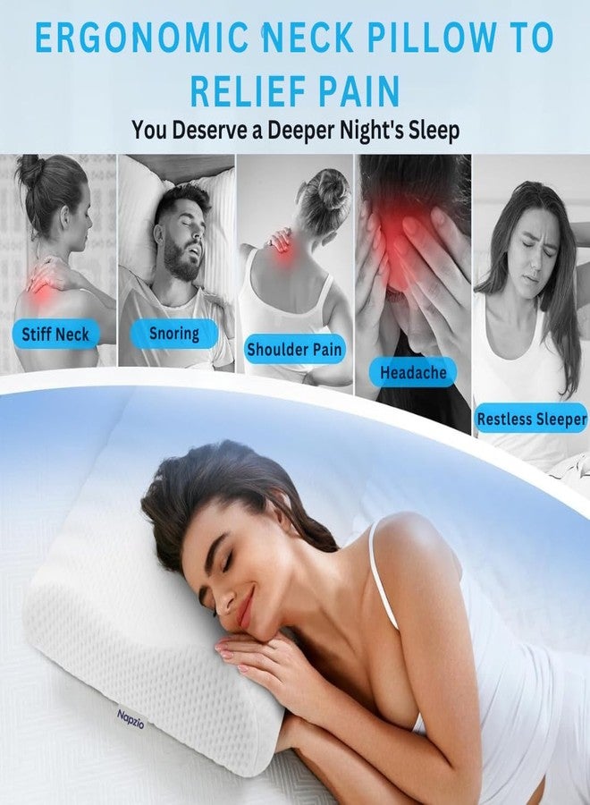Napzio Contour Memory Foam Pillow, Ergonomic Cervical Neck Pillow, Orthopedic Pillow for Side, Back & Stomach Sleeper, Neck Support Pillow with Breathable Pillowcase (19L x 11B x 2.8-4H Inches), White - Image 2