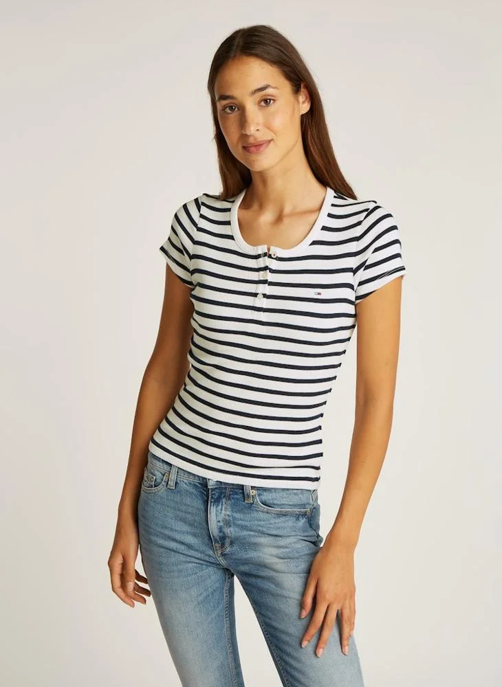 تومي جينز Striped Buttoned Neck T-Shirt