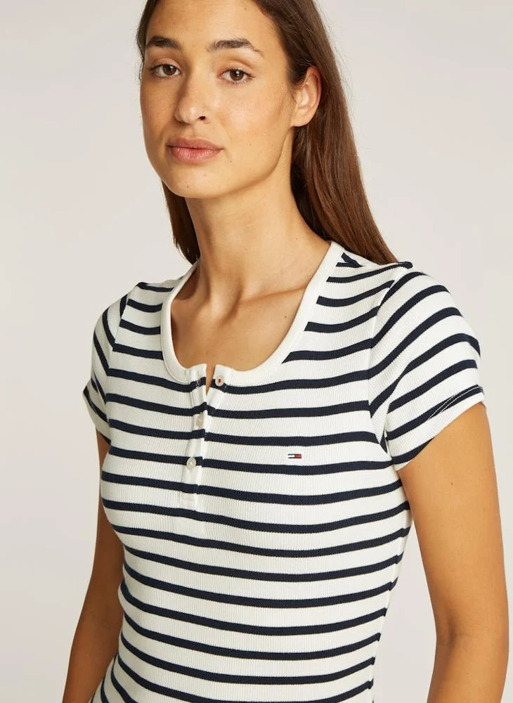 تومي جينز Striped Buttoned Neck T-Shirt