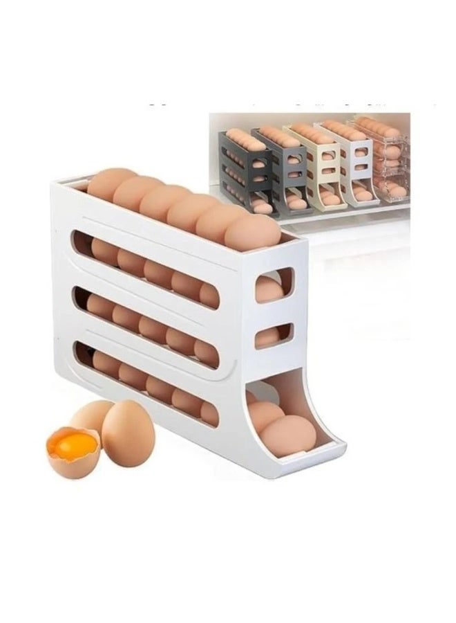 4-Tier Egg Rack for Refrigerator - Automatic Rotating Egg Organizer for Fridge, Space-Saving Egg Dispenser Holder, Large Capacity 30 Eggs Fridge Egg Rack (White)