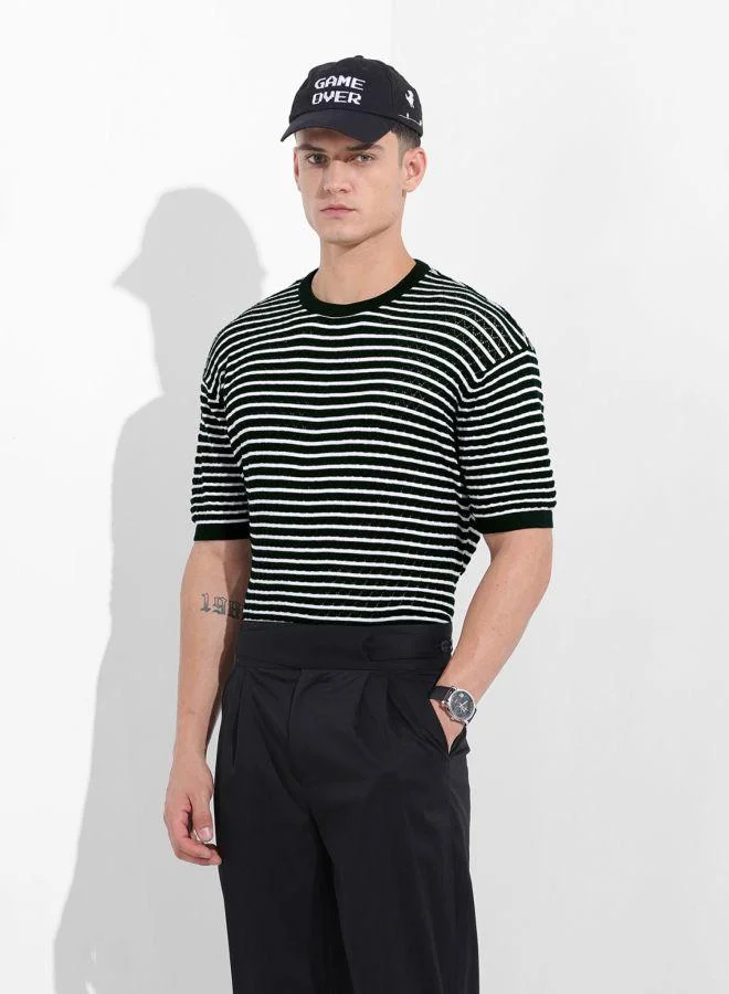 The Indian Garage Co Men Oversized Fit Textured Crew Neck Half Sleeves T-Shirt