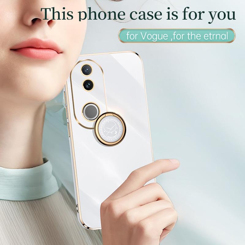 HuHa Case Cover For vivo V50 XINLI Straight Edge 6D Electroplate TPU Phone Case with Ring Holder(Cherry Purple) - Image 2