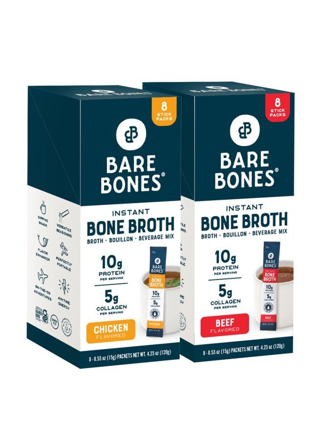 Bare Bones Bone Broth Instant Powdered Mix, Variety Pack, 8 Chicken and 8 Beef, 15g Sticks, 10g Protein, Keto & Paleo Friendly Bone Broth Packets, 16 Total Servings - Image 1