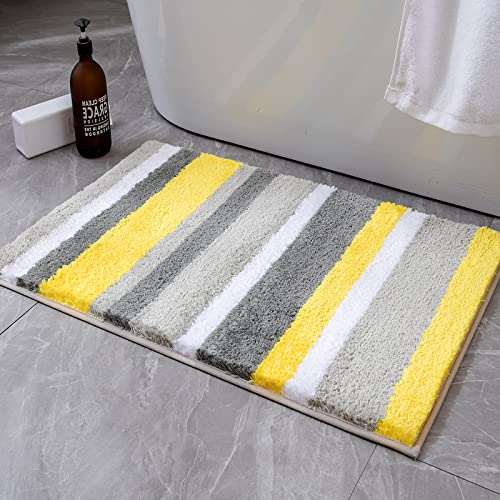 MIULEE Fluffy Bathroom Rugs Bath Mats Rugs Microfiber Striped Shower Rug Absorbent, Soft and Plush Machine Washable Non Slip Carpet Quick Dry for Bathroom Floor Tub, 16x24 Inch, Yellow-Grey - Image 1
