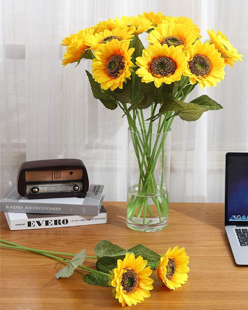 Laelfe Artificial Sunflower Flowers Long Stem Silk Fake Large Sunflowers Decoration for Outdoor Home Wedding Baby Shower Birthday Party Single Bulk Yellow Decor 6PCS (Dark Center) - Image 4