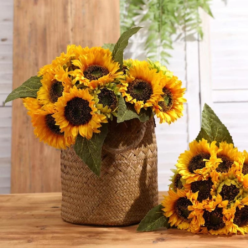 Laelfe Artificial Sunflower Flowers Long Stem Silk Fake Large Sunflowers Decoration for Outdoor Home Wedding Baby Shower Birthday Party Single Bulk Yellow Decor 6PCS (Dark Center) - Image 2