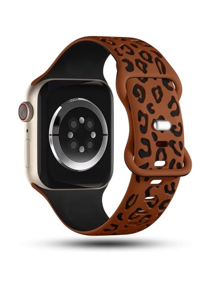 Engraved Leopard Bands Compatible with Apple Watch Band 42mm 40mm 41mm 38mm Women, Silicone Cheetah Designer Strap for iWatch Series 10 9 8 7 6 5 4 3 2 SE Ultra, Brown & Black - Image 2