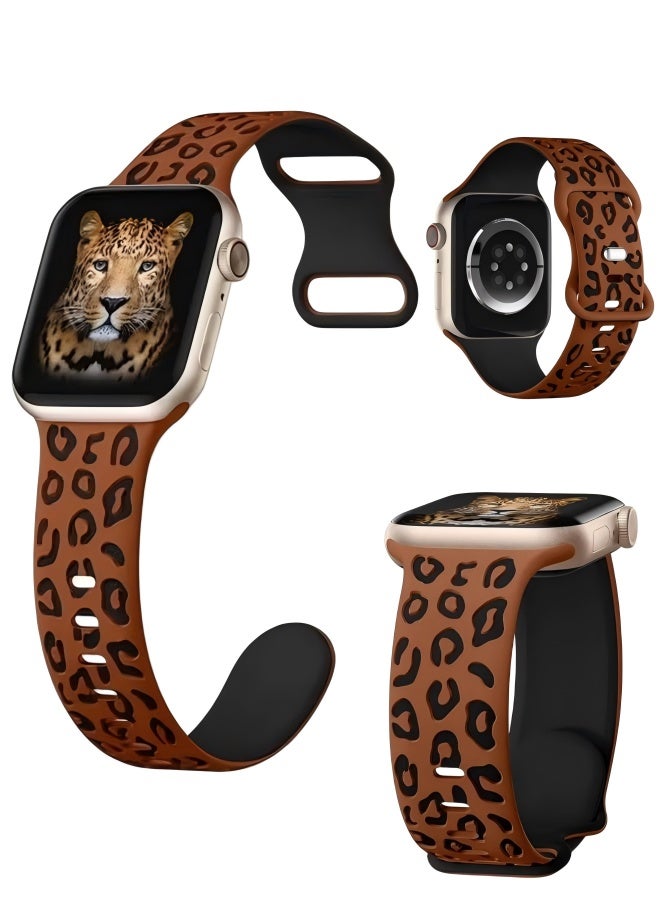Engraved Leopard Bands Compatible with Apple Watch Band 42mm 40mm 41mm 38mm Women, Silicone Cheetah Designer Strap for iWatch Series 10 9 8 7 6 5 4 3 2 SE Ultra, Brown & Black - Image 1