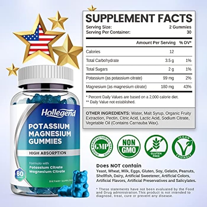 Hollegend Potassium Magnesium Gummies, High Absorption Potassium Citrate 99mg Magnesium Citrate 180mg, Chewable Gummy Supplements for Leg Cramps & Muscle, 120 Count - Image 4