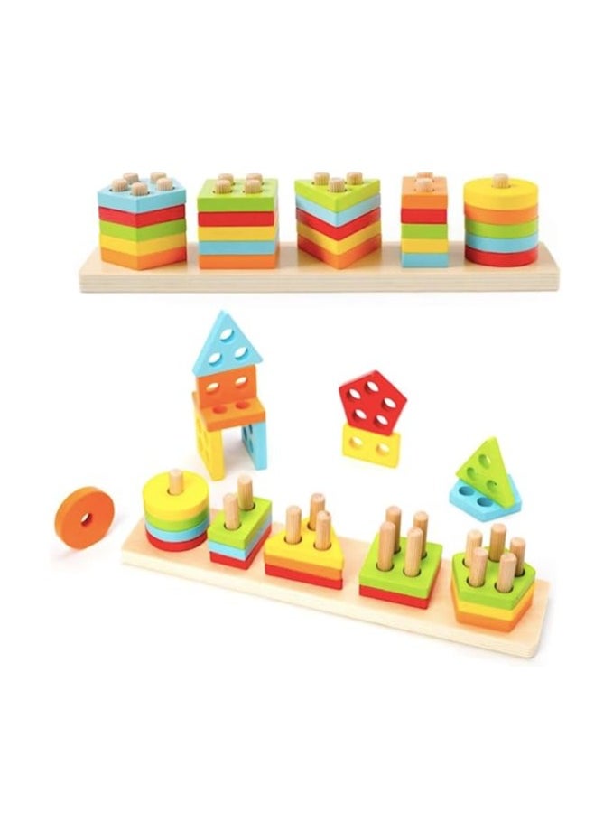 FB Funny bunny Montessori Toys for 1 2 3 Years Old, Wooden Sorting & Stacking Toys for Toddlers 1-3, Education Preschool Toddler Puzzles,5 Shapes toy Best Gift.  - Image 2