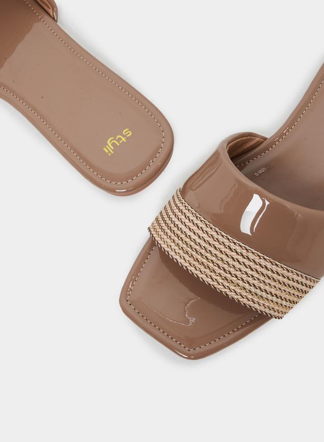Styli Tan Woven Flat Sandals - Image 4