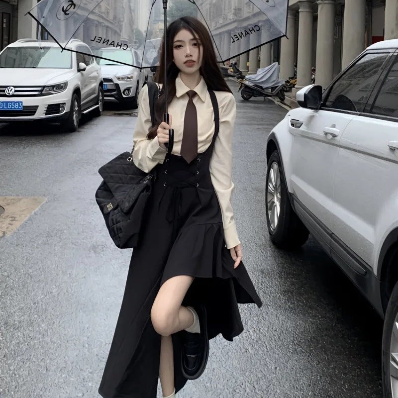 Spring Korean Sweet Spicy Dress Shirt Set Shirt strap skirt [two-piece tie]]