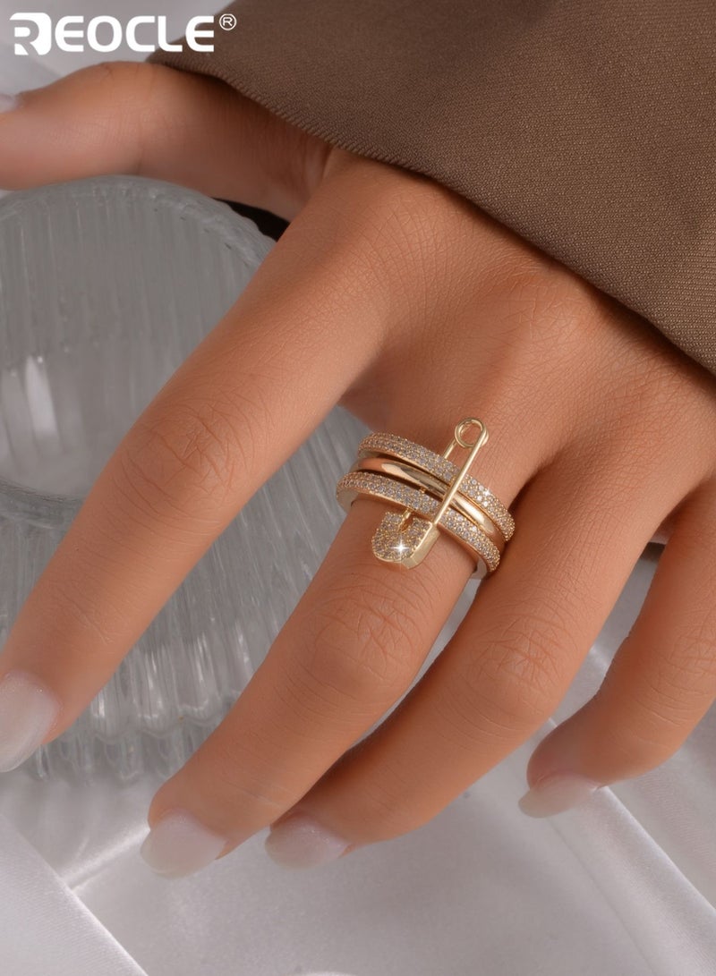 REOCLE Women's Motif Ring 3D Safety Pin with Dense Paved Inlaid Details & Dual Layer Band Structure Stylized Statement Finger Accessory with Textured Finish for Daily Styling & Casual Outings - Image 1