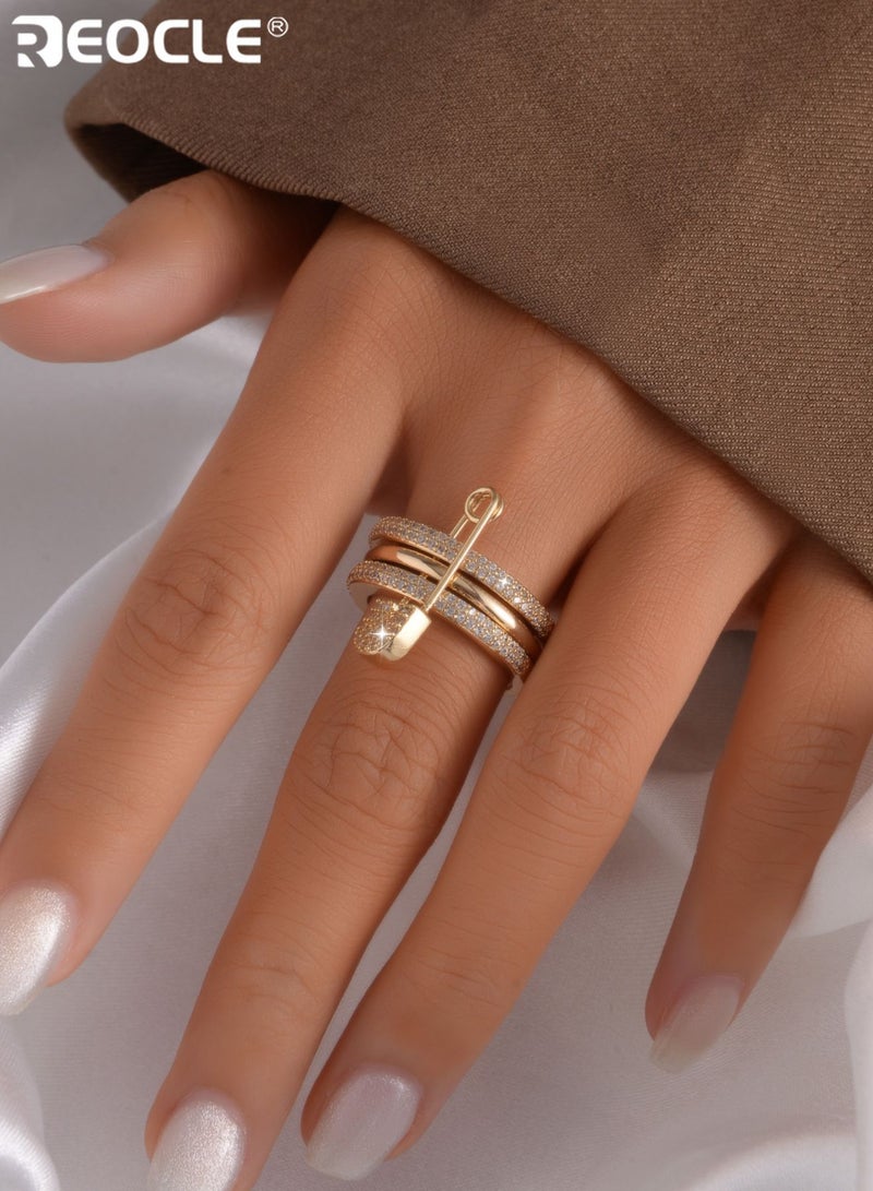 REOCLE Women's Motif Ring 3D Safety Pin with Dense Paved Inlaid Details & Dual Layer Band Structure Stylized Statement Finger Accessory with Textured Finish for Daily Styling & Casual Outings - Image 2