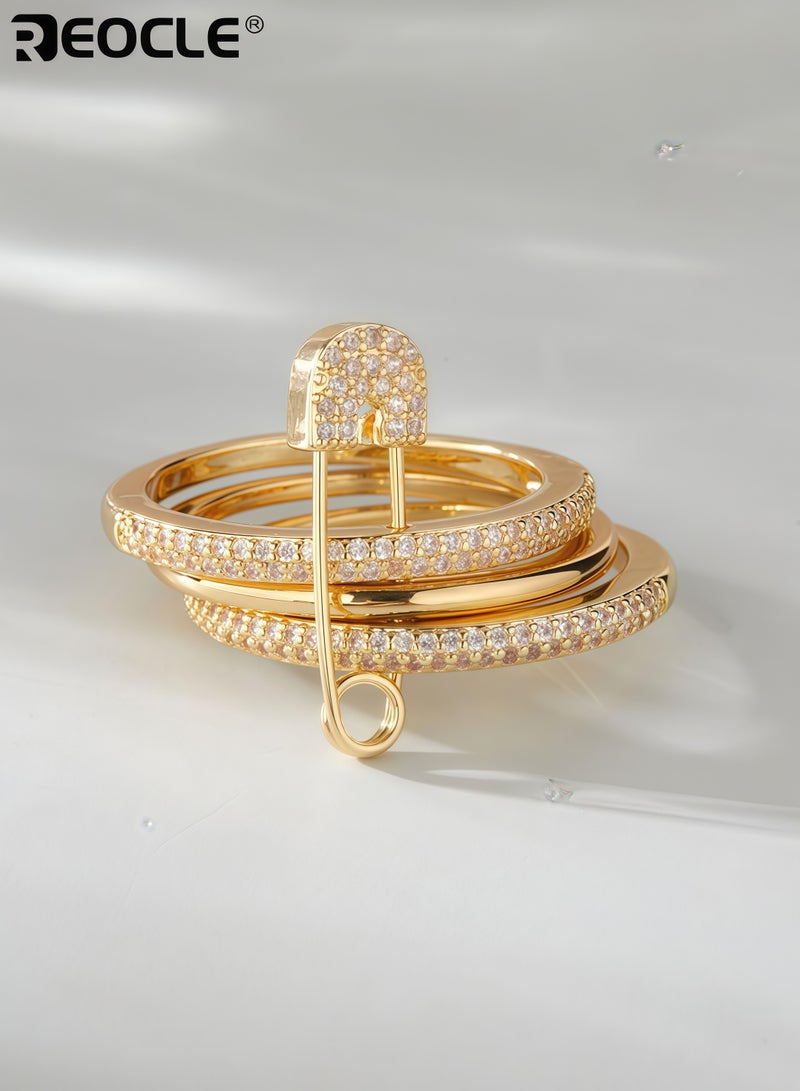 REOCLE Women's Motif Ring 3D Safety Pin with Dense Paved Inlaid Details & Dual Layer Band Structure Stylized Statement Finger Accessory with Textured Finish for Daily Styling & Casual Outings - Image 3