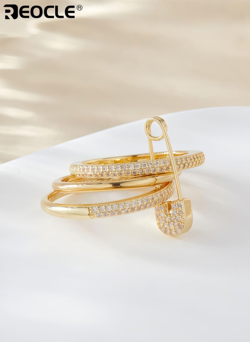 REOCLE Women's Motif Ring 3D Safety Pin with Dense Paved Inlaid Details & Dual Layer Band Structure Stylized Statement Finger Accessory with Textured Finish for Daily Styling & Casual Outings - Image 4