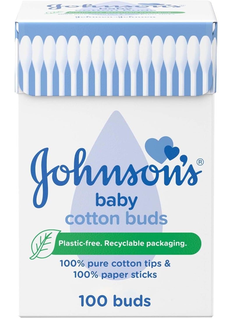 Johnson's Baby Cotton Buds, 100 Count | 100% Pure Cotton Tips & Paper Sticks | Plastic-Free & Recyclable Packaging - Image 1