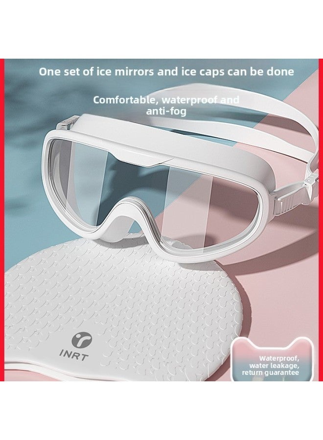 Swimming Goggles HD Anti-fog Waterproof Women's Swimming Glasses Large Frame Women's Adult Myopia Goggles Swimming Cap Suit Men-Color:Pearl White Swimming Goggles + Waterproof Swimming Cap Blue (long Hair Optional/no Headband)-600