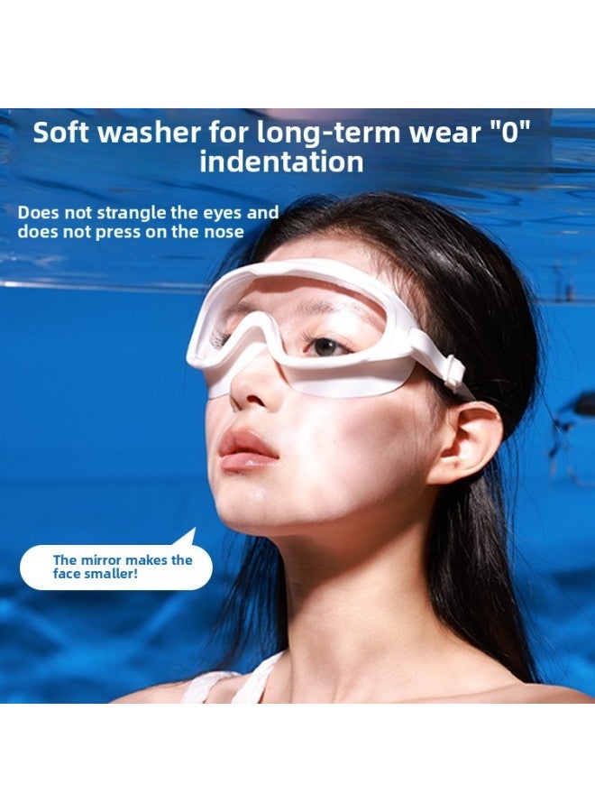 Swimming Goggles HD Anti-fog Waterproof Women's Swimming Glasses Large Frame Women's Adult Myopia Goggles Swimming Cap Suit Men-Color:Pearl White Swimming Goggles + Waterproof Swimming Cap Blue (long Hair Optional/no Headband)-600
