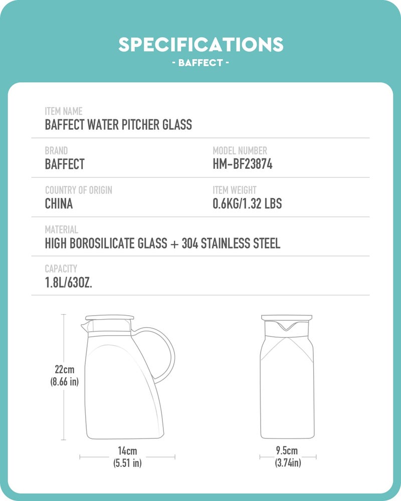 Baffect Water Pitcher, High Borosilicate Glass Jug with Stainless Steel Lid, Leakproof Fridge Door Carafe for Hot or Cold Beverage Vertical Pattern (1.8 L/63 oz.) - Image 5