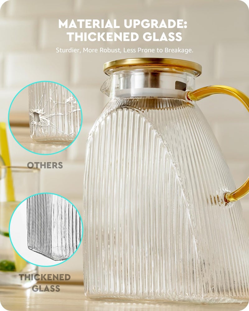 Baffect Water Pitcher, High Borosilicate Glass Jug with Stainless Steel Lid, Leakproof Fridge Door Carafe for Hot or Cold Beverage Vertical Pattern (1.8 L/63 oz.) - Image 3