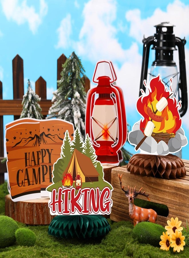 Yuntau 12 Pcs Summer Camp Decorations Happy Camper Honeycomb Centerpieces Camping Party Decoration Camping Party Table Sign Campfire Adventure Bears Table Toppers 3D Decor for Birthday - Image 3