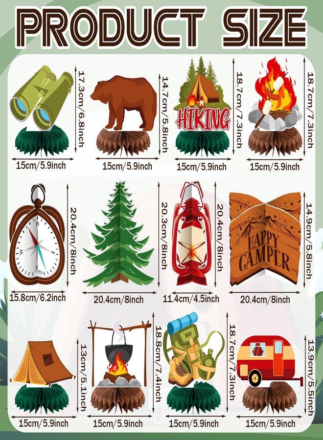 Yuntau 12 Pcs Summer Camp Decorations Happy Camper Honeycomb Centerpieces Camping Party Decoration Camping Party Table Sign Campfire Adventure Bears Table Toppers 3D Decor for Birthday - Image 2