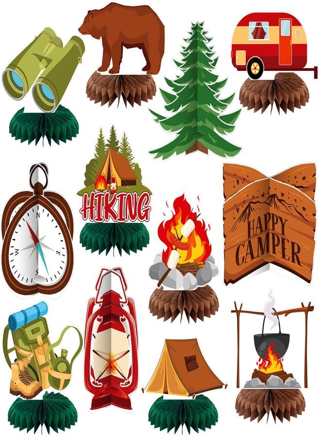 Yuntau 12 Pcs Summer Camp Decorations Happy Camper Honeycomb Centerpieces Camping Party Decoration Camping Party Table Sign Campfire Adventure Bears Table Toppers 3D Decor for Birthday - Image 1